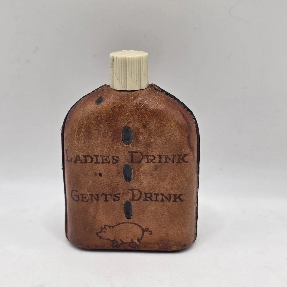 Vintage Leather Flask Brown Long Beach Cal Souvenir Pig Barware‎ Kitsch